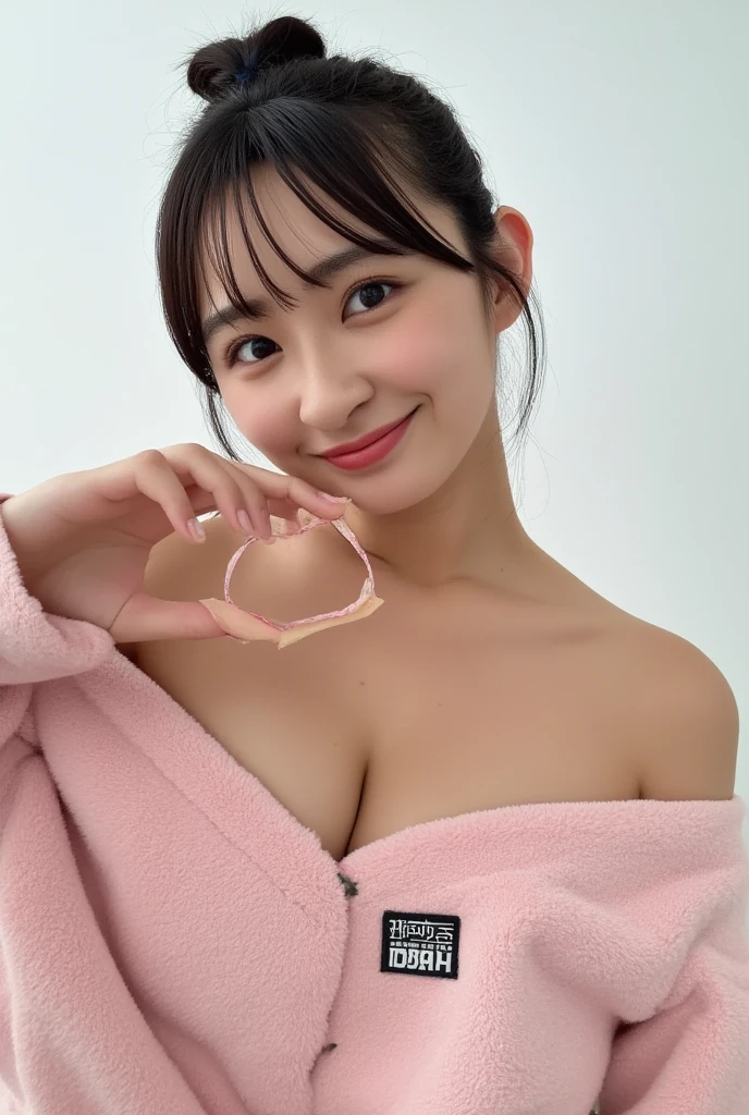 Only one woman with a cute smile wears cute, fluffy off-shoulder pajamas, makes a big heart shape with both hands, and poses them in front of her chest, View above collarbone、The background is a monotone 

