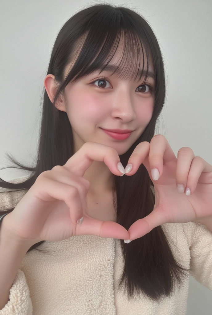 Only one woman with a cute smile wears cute, fluffy off-shoulder pajamas, makes a big heart shape with both hands, and poses them in front of her chest, View above collarbone、The background is a monotone 

