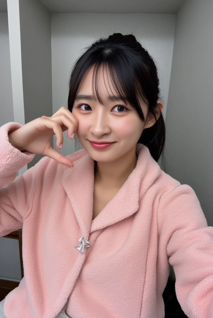 Only one woman with a cute smile wears cute, fluffy off-shoulder pajamas, makes a big heart shape with both hands, and poses them in front of her chest, View above collarbone、The background is a monotone 

