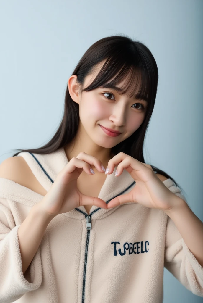 Only one woman with a cute smile wears cute, fluffy off-shoulder pajamas, makes a big heart shape with both hands, and poses them in front of her chest, View above collarbone、The background is a monotone 

