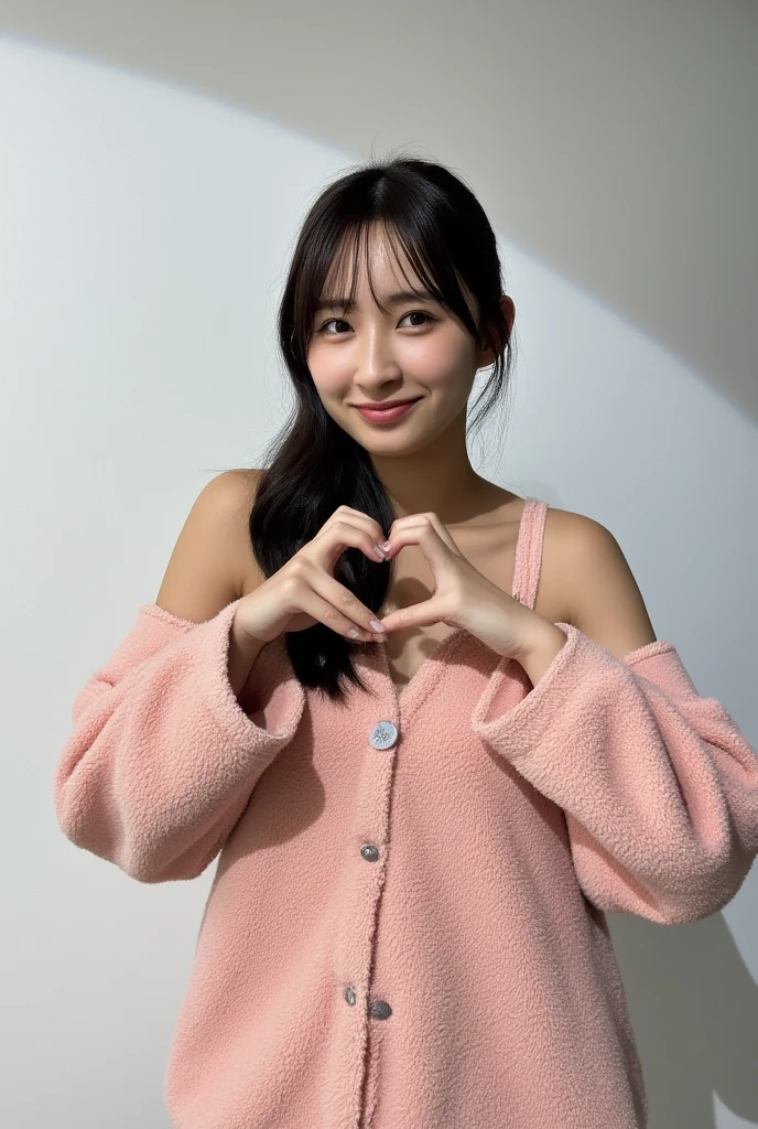 Only one woman with a cute smile wears cute, fluffy off-shoulder pajamas, makes a big heart shape with both hands, and poses them in front of her chest, View above collarbone、The background is a monotone 

