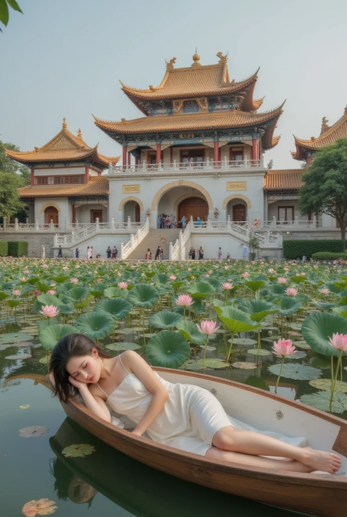 GGGJAAA，make up，huadian ，Hanfu，Magnificent buildings，palace，architecture ， east asian architecture ， highest image quality、Real images、 is the best quality,masterpiece, highest image quality、Real images、 Middle,Ultra wide angle,Top view, a girl is sleeping  (On a small boat :1.2), surrounded by countless lotus leaves, beautiful and beautiful, intricate details , is the best quality,