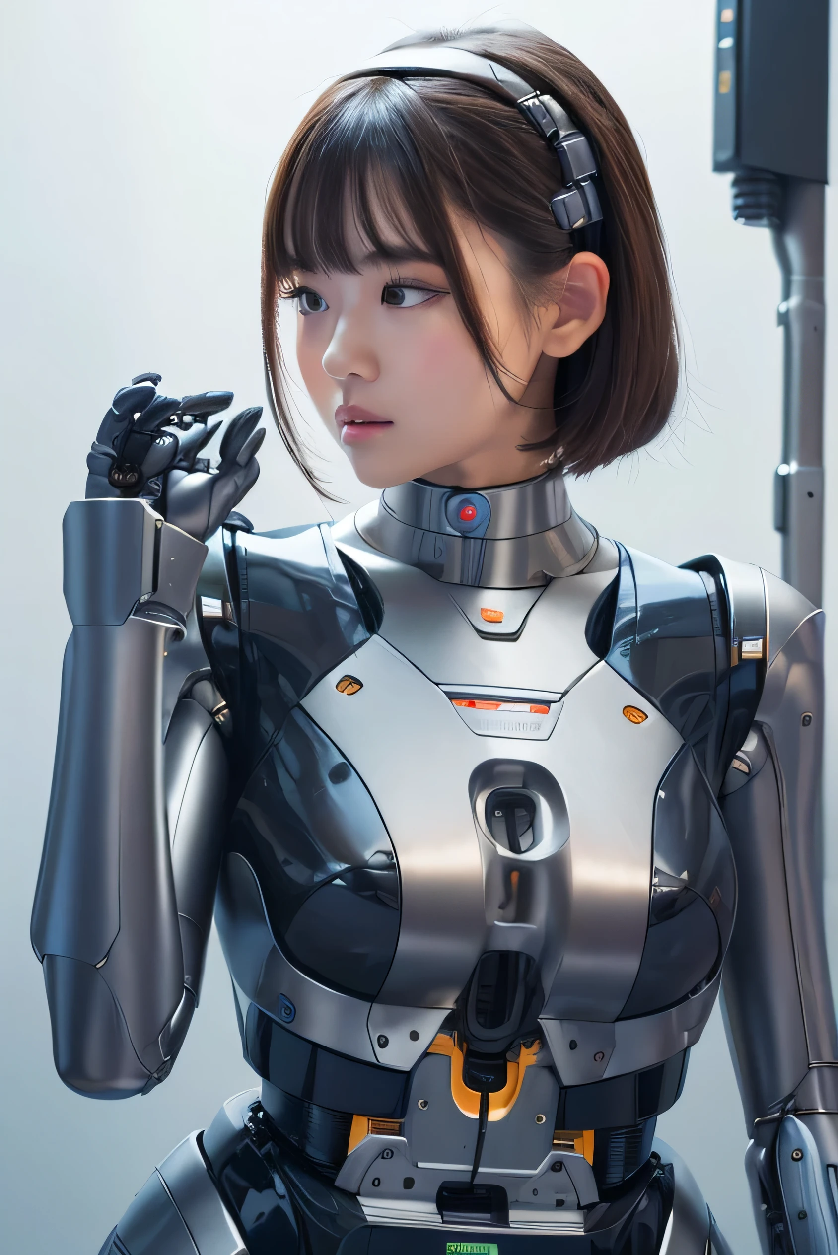 masterpiece, best quality, extremely detailed,portrait,upper body,front view,Japaese android girl,Plump, control panels,android,Droid,Mechanical Hand, Robot arms and legs,Blunt bangs,long tube,thick cable connected her neck,