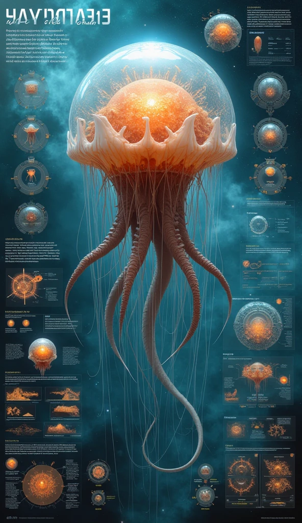 Future evolution extraterrestrial cosmic Scyphozoa carnivora hybrid animal, in infographic data