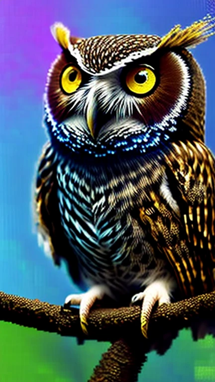 sleepy owl, on a tree branch, chiaroscuro, big eyes, (looking forward at the camera), low-res, 4-bit, trippy, a swirl of bright trippy colors, (((pixel))),(((pixelart)))