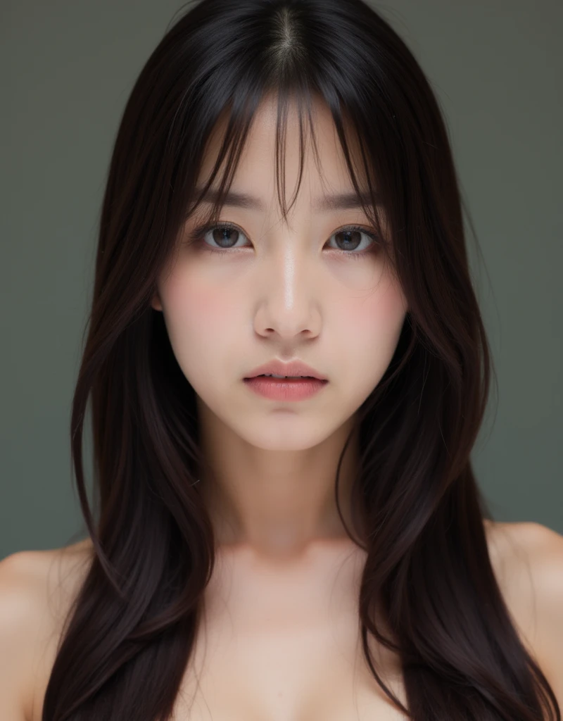 A beautiful East-Asian slender woman, long dark hair, face-closeup, angry expression with her face , simple Background.