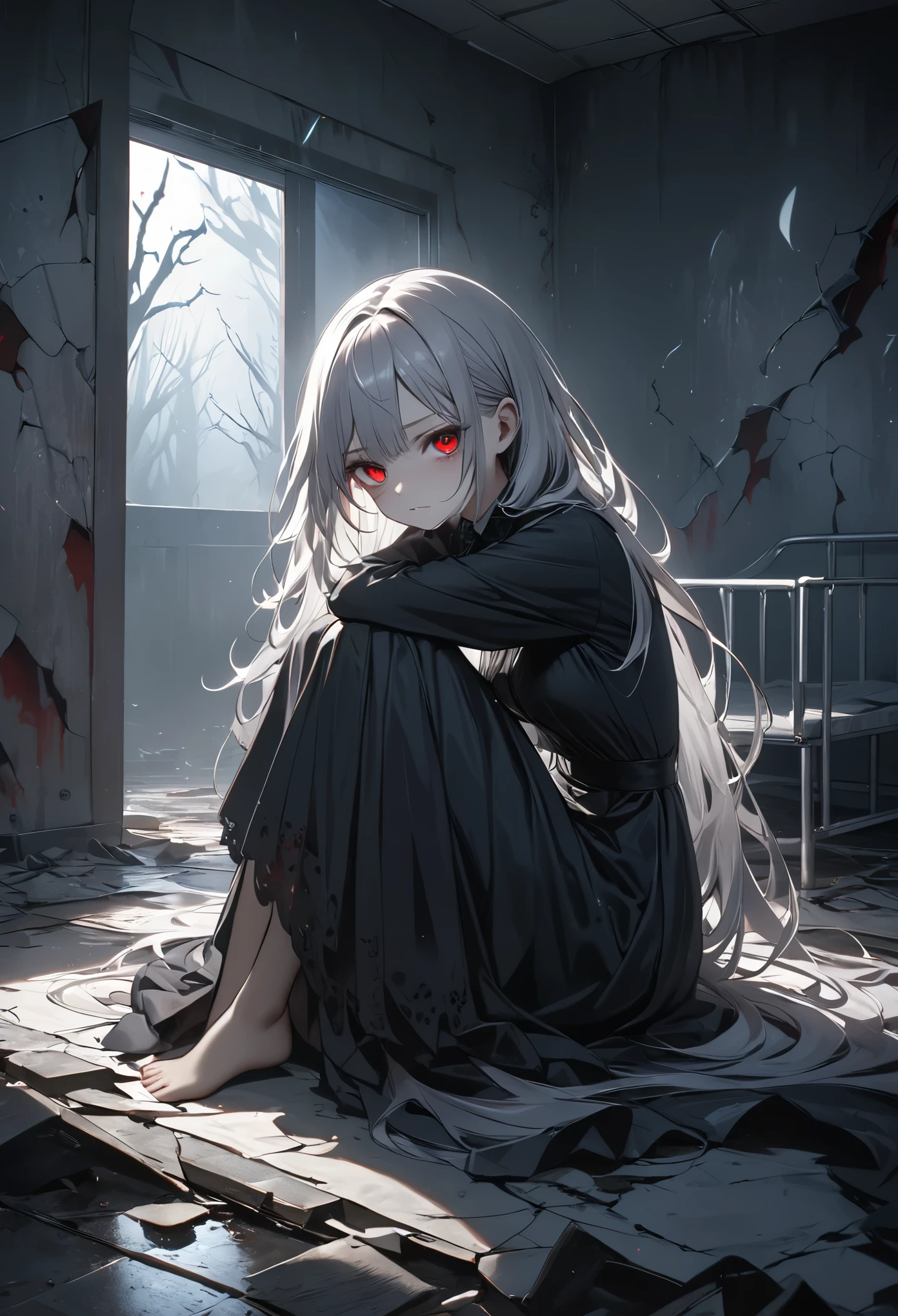 masterpiece, best quality, 8k, highres, ultra-detailed, HDR, UHD, ultra-fine painting, upper body,ghostly girl with silver hair, dark gothic, glowing red eyes, sitting on broken bed, black dress flowing, faint mist surrounding her, ominous and unsettling expression, cracked walls and floor, abandoned hospital setting, dim lighting, eerie atmosphere, soft light casting shadows, dark and mysterious mood, horror theme, supernatural presence, intense focus on her face and eyes