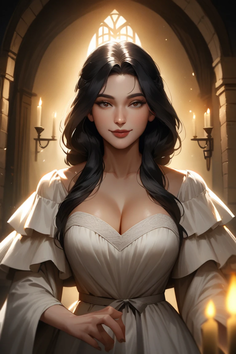 long hair, choker. busty (((DD-size breasts))), wide hips. lythe figure, curvy, voluptuous figure, sexy pirate, Puff Sleeve Chemise Top with plunging neckline, tight pirate pants, posing on a pirate ship, mischievous smile, trending on Artstation, digital art, 20-year-old ( face a combination of Ana de Armas and Salma Hayek), seductive, devious smile, arched eyebrows, gorgeous goddess, anime style, HD, UHD, wavy hair, golden nose ring, gazing lovingly at the viewer,