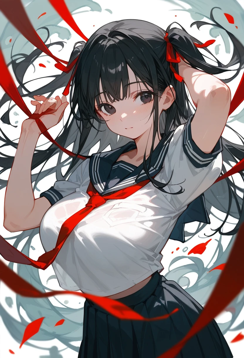 {{{high quality, perfect face, masterpiece}}}, ((black hair, black eyes, two side up hair, red ribbon)), big breasts, large breasts, (serafuku, red tie, white shirt, short sleeve)