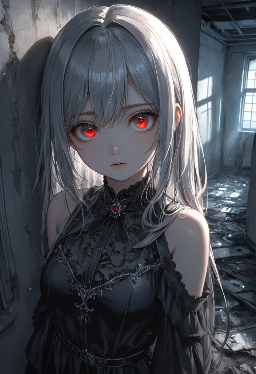 masterpiece, best quality, 8k, highres, ultra-detailed, HDR, UHD, ultra-fine painting,ghostly girl,fullbody,silver hair,girl close up,dark gothic, glowing red eyes, black dress flowing,faint mist surrounding her, ominous and unsettling, abandoned hospital, cracked walls and floor, broken bed, debris scattered on the ground, dim lighting, eerie atmosphere,  soft light casting shadows, dark and mysterious mood, horror theme, supernatural presence