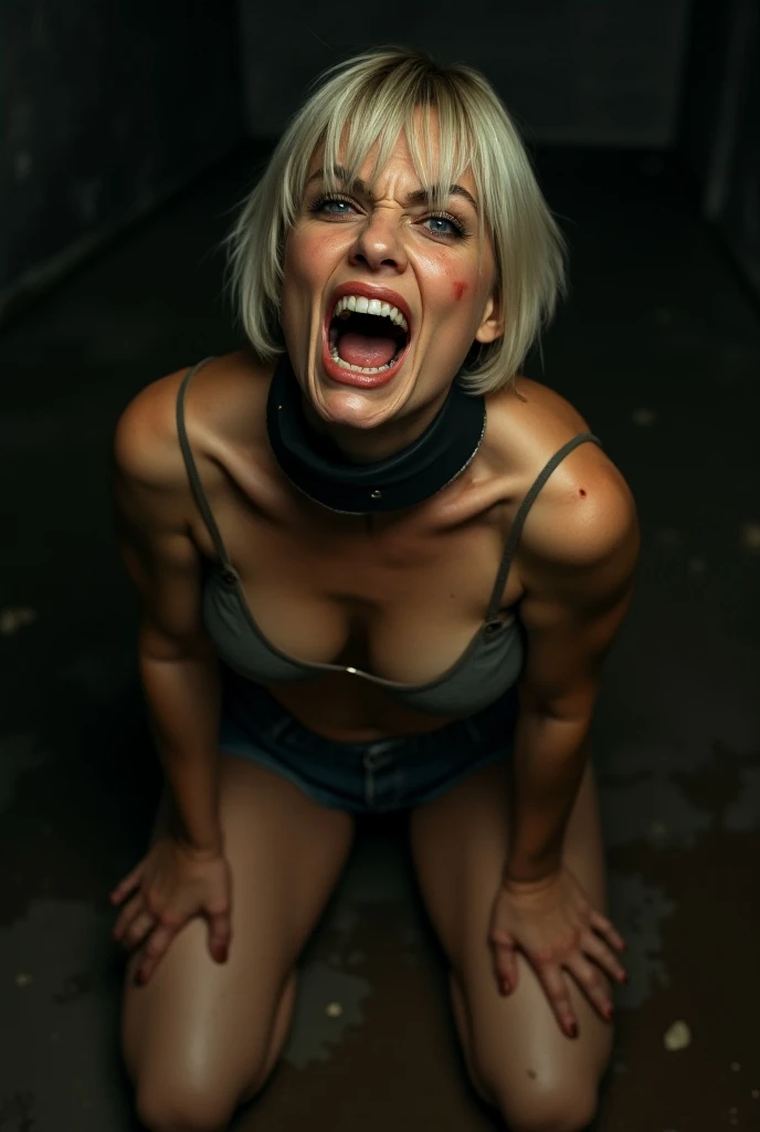 (photorealism:1.2), middle aged caucasian woman, (age 38:1.5), uncomfortable pose, realistic, intricate details, warm colours, blonde white hair, shoulder length bobcut hair, rough face skin, short height, thick thighs, sweaty, textured aged skin, tanning lines, small breasts, skinny-fit, dog collar, big blue eyes, glasses, black frames, dark red uneven lipstick,     , full body visible, legs wide spread, , no tattoos, dark smudged eye makeup, crying mascara tears, streaming tears, eyes wide opened, mouth open, looking scared straight at the viewer, (naked:2.2)