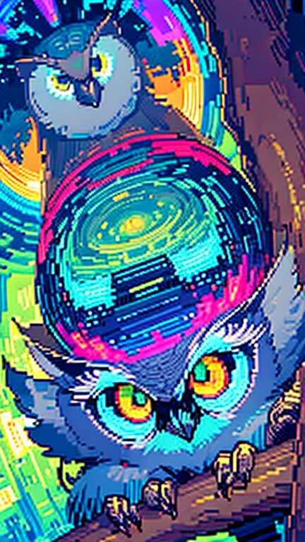 sleepy owl, on a tree branch, chiaroscuro, big eyes, (looking forward at the camera), low-res, 4-bit, trippy, a swirl of bright trippy colors, (((pixel))),(((pixelart)))