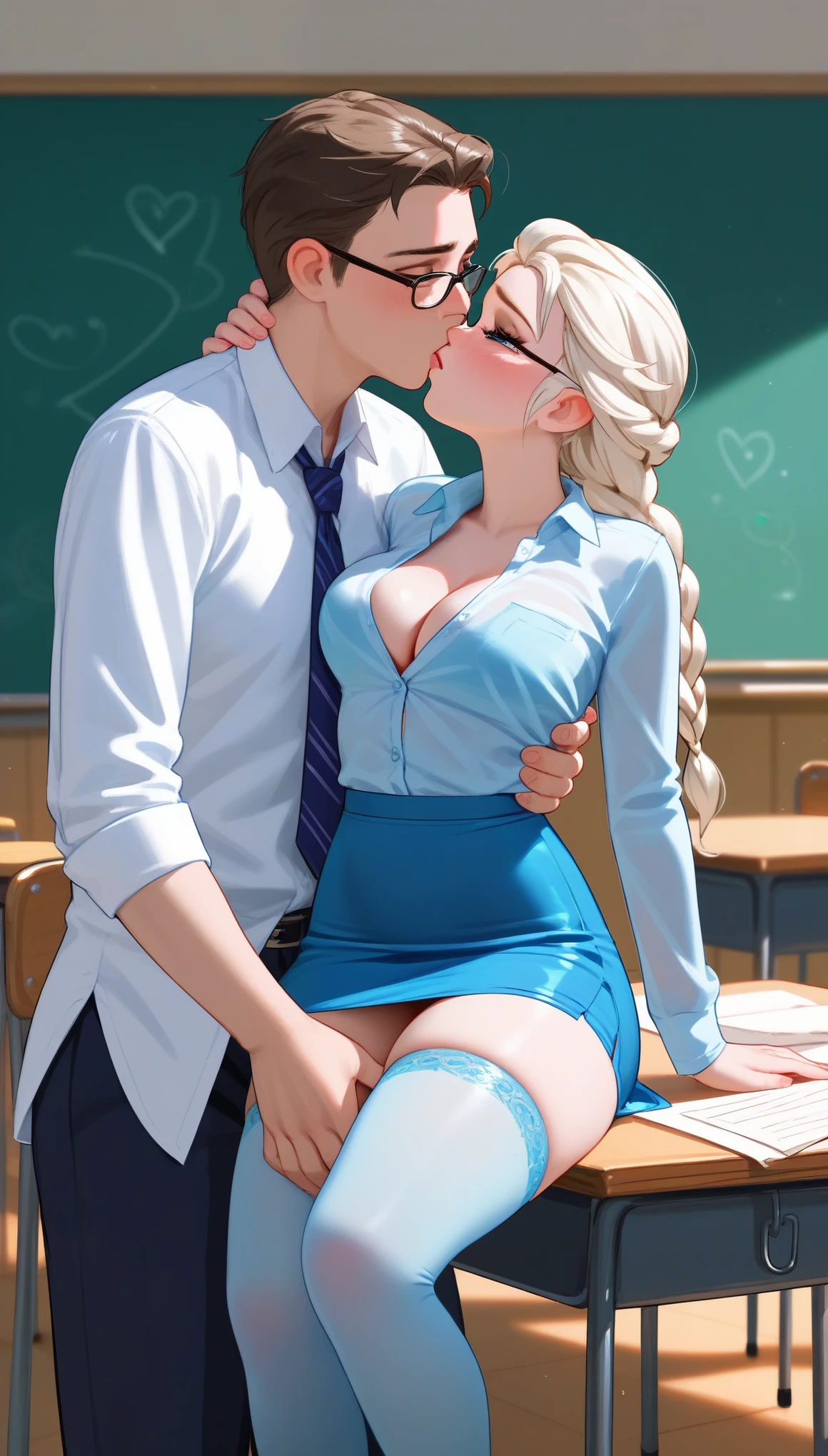 score_9, score_8_up, score_7_up, score_6_up, score_5_up, score_4_up, (Elsa frozen, long white braid, blue tight stockings, transparent stockings, teacher uniform, skirt, unbutton shirt, glasses), shy, blushed, cleavage, big breast, Elsa sitting on a desk, boy is standing, (((young man kissing her, grab her thighs))), indoor, classroom, dynamic angle, royalty, Elsa wraps her hips around boy, 