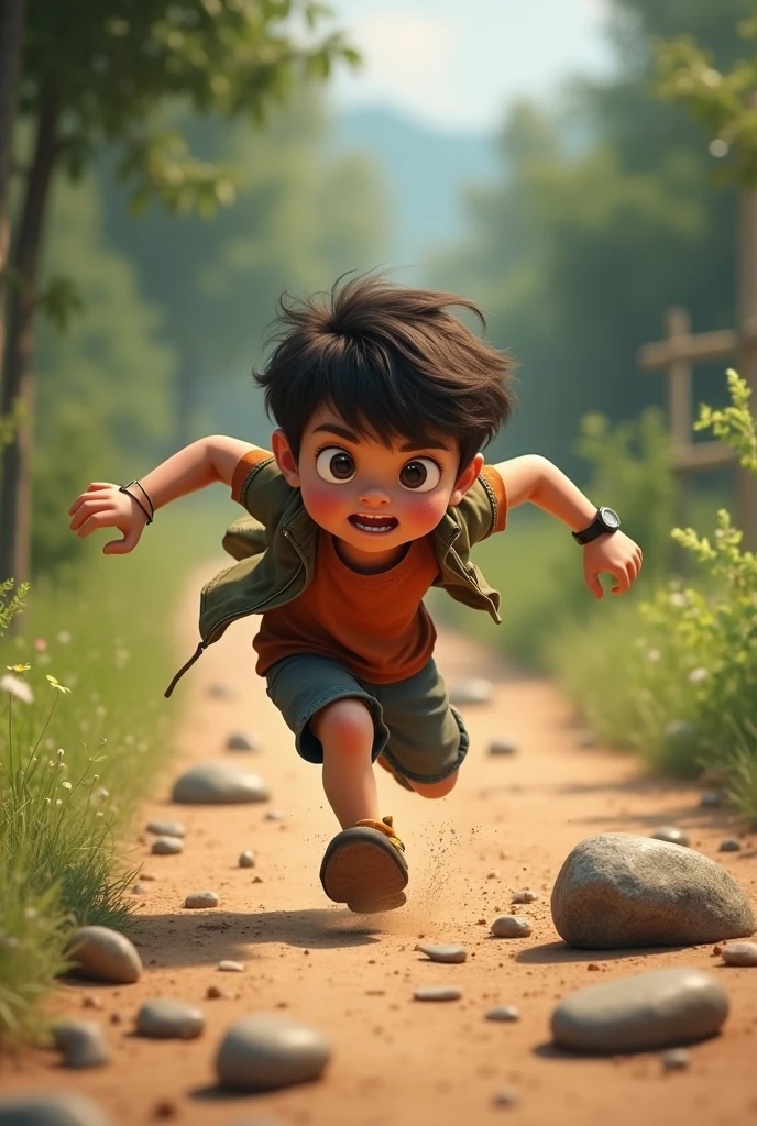 Black haired boy running
