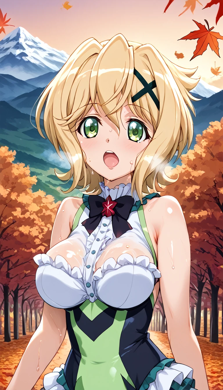 Best Quality,  Soft Light,  super high definition, cute, beautiful face with frills , High Resolution Details of Human Skin Texture, shiny skin,sweat,Heat,Akatsukiri Song,Blonde,,Mountain登りのファッション,whole body,autumn leaves, one girl playing pranks,Normal size breasts, Short Hair,Symphogear,Mountain,Enjoying the scenery,Open your mouth, look to the side and into the distance,Hair accessories