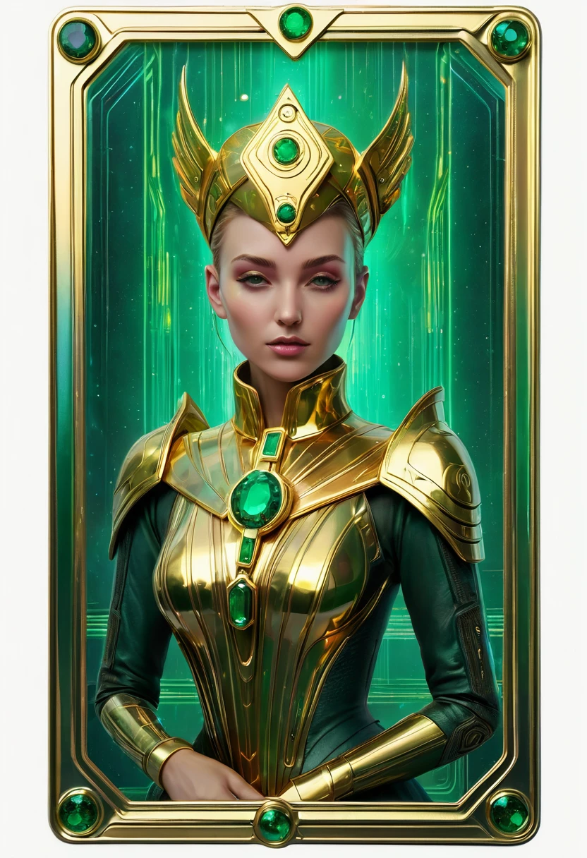 a cyberpunk style tarot card frame. no text, metallic paint stroke, holographic, holographic metal, Iridescence mix colors of gold with emerald green reflections. (masterpiece, realistic, 3d, 8k), on a white background. no characters. empty center of frame.