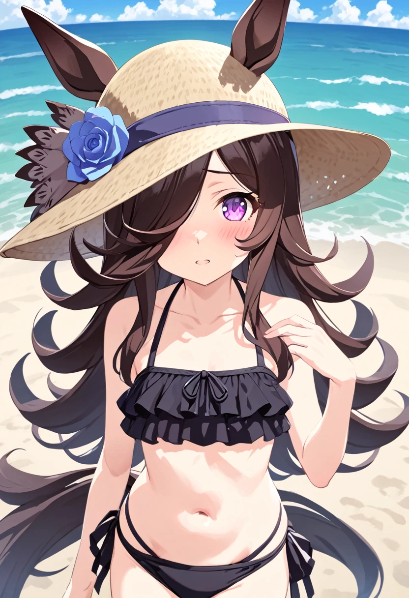 an anime young girl has long dark hair and her body is partially in shadow, 1girl, rice shower (umamusume), horse ears, solo, animal ears, swimsuit, hair over one eye, bikini, horse tail, horse girl, tail, long hair, navel, blush, hat, flower, outdoors, small breasts, breasts, collarbone, looking at viewer, side-tie bikini bottom, blue flower, black bikini,rice shower \(umamusume\)