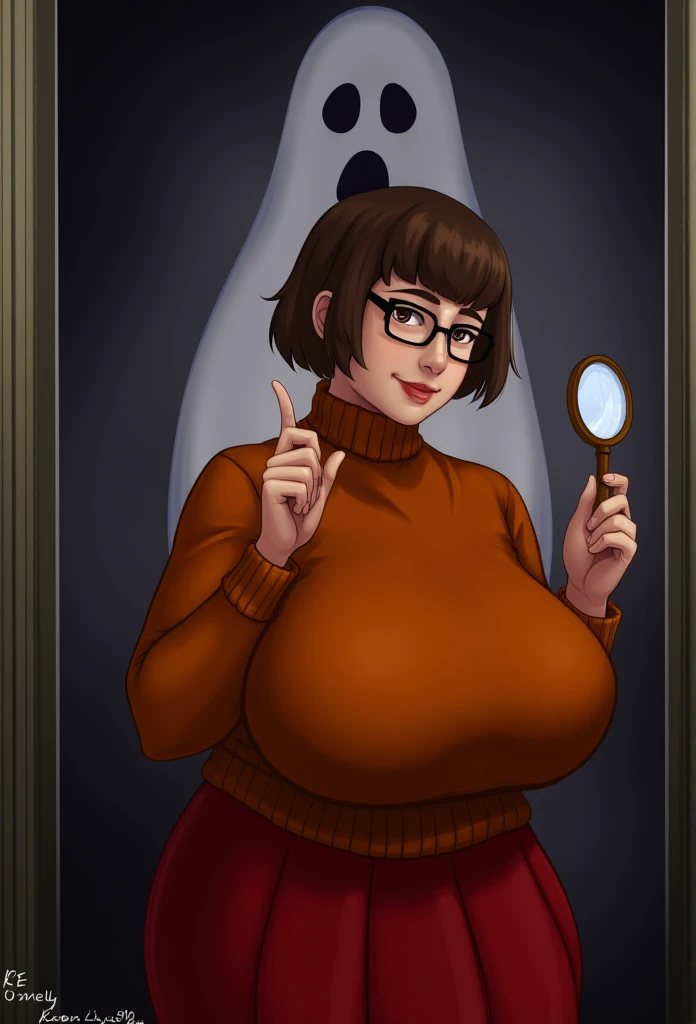 a high resolution realistic photograph of a beautiful voluptuous young woman cosplaying as velma dinkley from scooby doo, she has short brown hair in a bob cut and square glasses. she is wearing a thick turtleneck orange woolen sweater with a red pleated skirt. she has gigantic breasts that dominate the photo. she looking through a round magnifying glass and inspecting something in an abandoned house, a ghost is creeping up on her