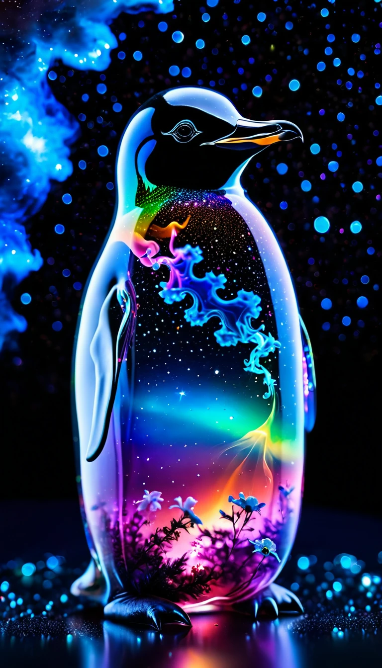 Made by AIS-RCN, 8K Photo, "words,   from、 colorful smoke rising from the glass {x}  Penguin in Fluorescent Iridescent Glass ,  氷の山from飛び出す,     Thoughts on Delicate Works of Art   .", Supple,    side light,    Closeup of a Glass Bottle   , Starry sky in a bottle,    miniature cosmos   ,   Sparkling Ring Stars  , Colorful Nebula, galaxy, Space dust, Glass Reflection, Surface Distortion, The background is a starry sky, In comparison, Depth , Super detailed, Dark Background, Beauty in Paradise  , Macro photography、グラスfromカラフルな煙が立つ