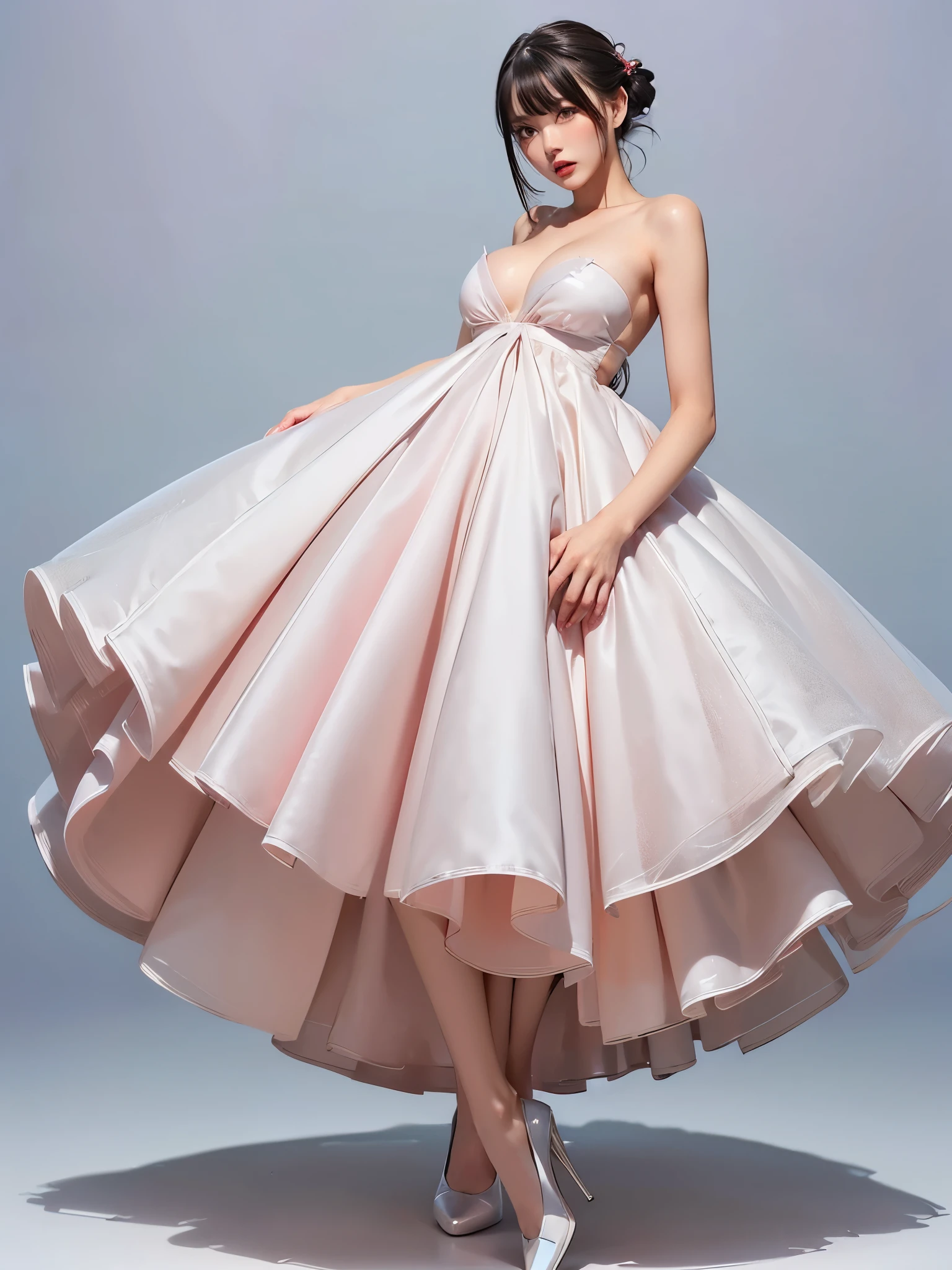  girl, bangs, (wacky prom dresses :1.3, fantastic prom dress:1.1),  gray background,  hair between eyes , Big Breasts,   viewer,  open lips, red eyes,   simple background, Alone,((Creative hairstyle)),(shiny skin),(masterpiece:1.4),(Best Quality:1.4),Red lips,Huge,,((( detailed face,Clear Face, Full Body Shot ))),( detailed face,detailed expression)