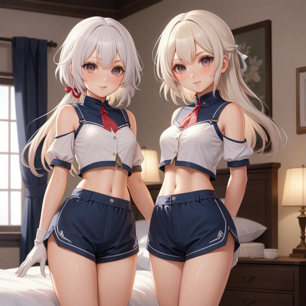 score_9, score_8_up, score_7_up, masterpiece, best quality, highly sexual poses,loli,2girls, white hair, long hair, looking at viewer, skin indentation, blush, smug, lewd smile, small breasts, croptop, shorts, wide hips, thick thighs, elbow gloves, thigh highs, standing, hand on hip, shortstack, photorealistic, bedroom, petite shoulders, slim waist
