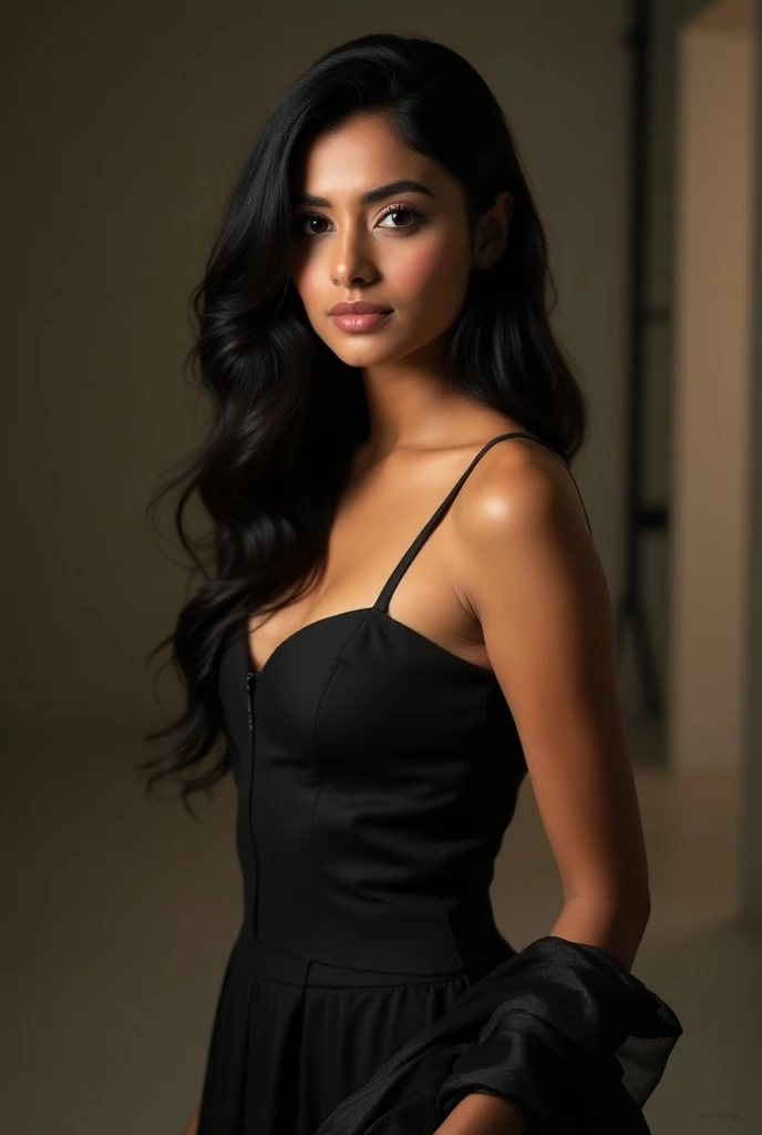 In the image, we see a strikingly beautiful fair-skinned Indian girl with hypnotic eyes and a figure exuding undeniable allure. Her dark, almond-shaped eyes gaze directly into the camera, captivating the viewer with their intensity and depth. Long, voluminous lashes frame her eyes, adding to their mesmerizing effect. Her lips, with a natural pink hue, curve into a subtle yet inviting smile, radiating warmth and charm. Cascading waves of rich, dark brown hair frame her flawless face, accentuating her features with effortless elegance. She exudes confidence and poise, with an air of mystery that leaves a lasting impression, making it impossible to look away from her captivating presence.
