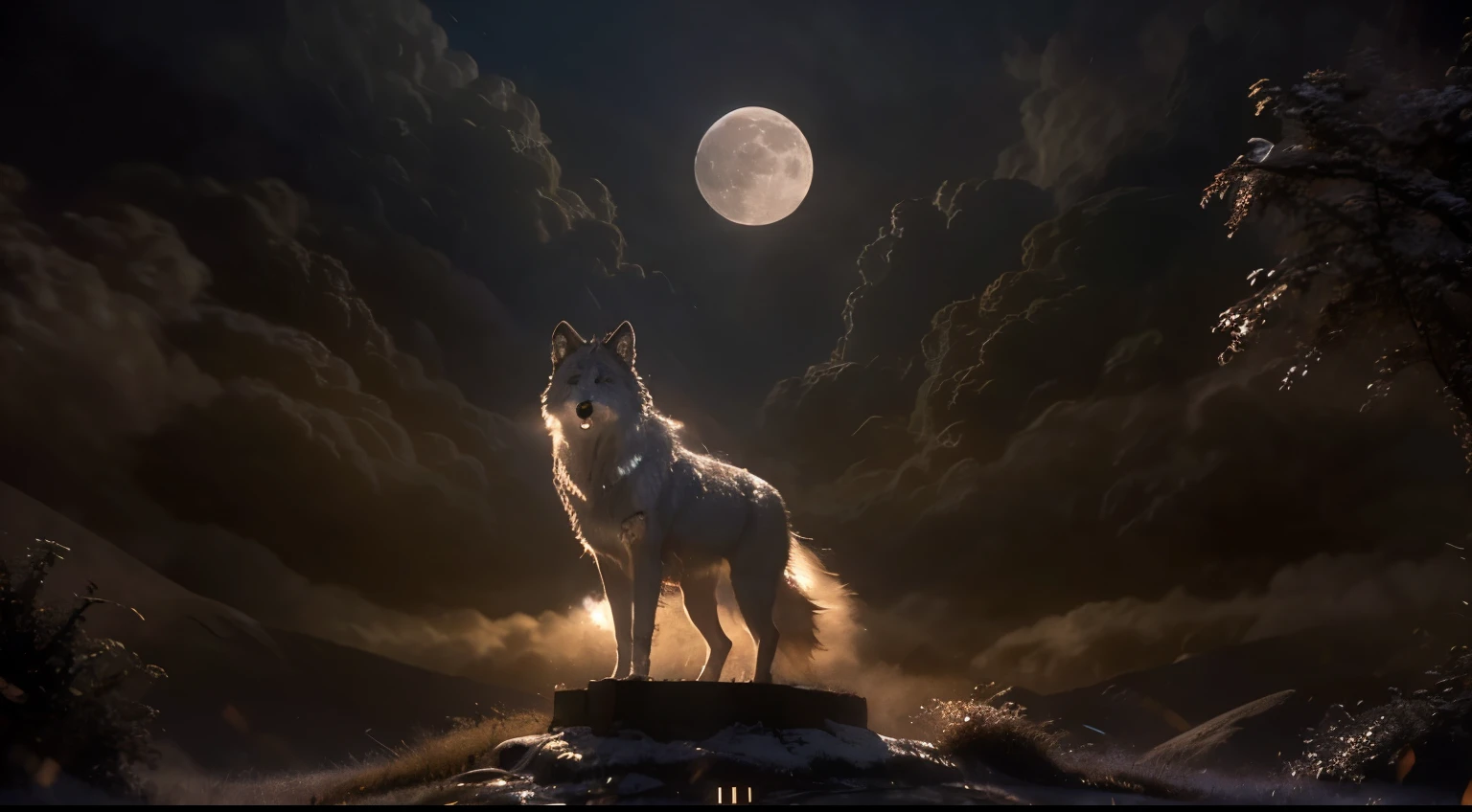 a lonely wolf howling at the moon, detailed fur texture, intense glowing eyes, full moon in the cloudy night sky, dramatic lighting, moody atmosphere, cinematic composition, hyper realistic, 8k, unreal engine, award winning digital art