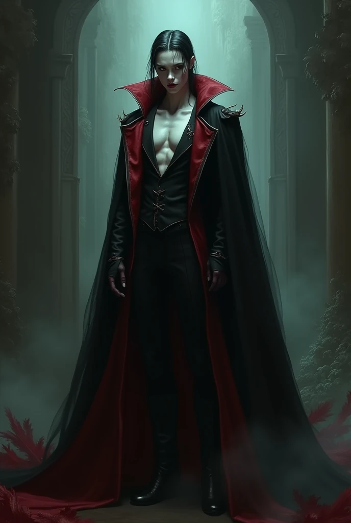 Imagine a powerful, full-body male vampire;
(Symmetrical view of the front of the body), full body and standing;
(Evil smile, ((showing vampire fangs)));
Evil face, Evil appearance, evil look, strong physique, average age of 40 years;
Scary vampire appearance, small, pointed ears;
Wearing black medieval clothes, (wearing boots), (red cape), (belt with skull buckle);
Black, long, pointed, straight and voluminous hair;
Detailed image style, High quality, high resolution, 8K; ((studio lighting));
Bright environment;
((Completely clean and green background));