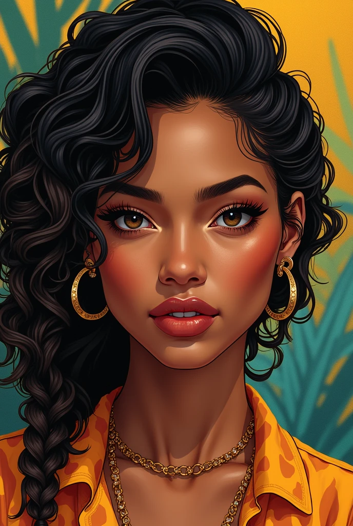 create a line art with kooleen's art style (semi-realistic stylized art style) featuring a golden-toned darksinned brazilian girl and make it look like a thirst trap