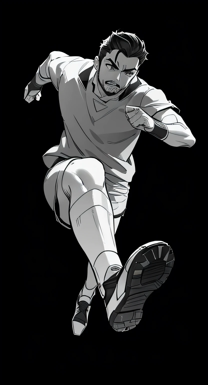 A heroic soccer player, young athlete, wearing soccer uniform, shorts, wearing soccer shoes, face like young Tony Stark, Aragorn, stubble, handsome character design, holding a futuristic ball, anime film style, highly detailed, inked style, detailed inks, inking, trending on artstation, beautiful design