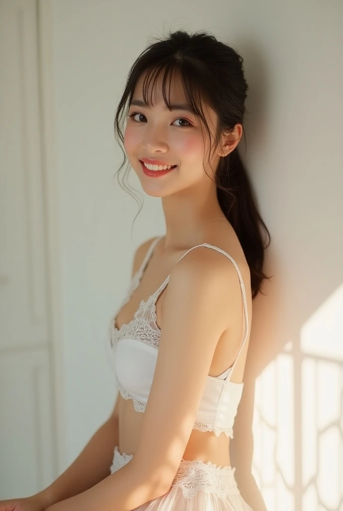 The image depicts a scene featuring a Japanese woman around 50 years old, with semi-long light brown hair and a chubby yet well-proportioned figure. She is seated on a bed, wearing luxurious white underwear paired with thin white pants. The focus is on her beautiful face, showcasing a kind smile and a mesmerizing gaze. The setting is indoors, with wooden flooring visible, and the lighting features diffused sunlight, creating a soft bokeh effect. The overall atmosphere conveys a sense of warmth and elegance, highlighting the woman’s sensual yet graceful appearance.