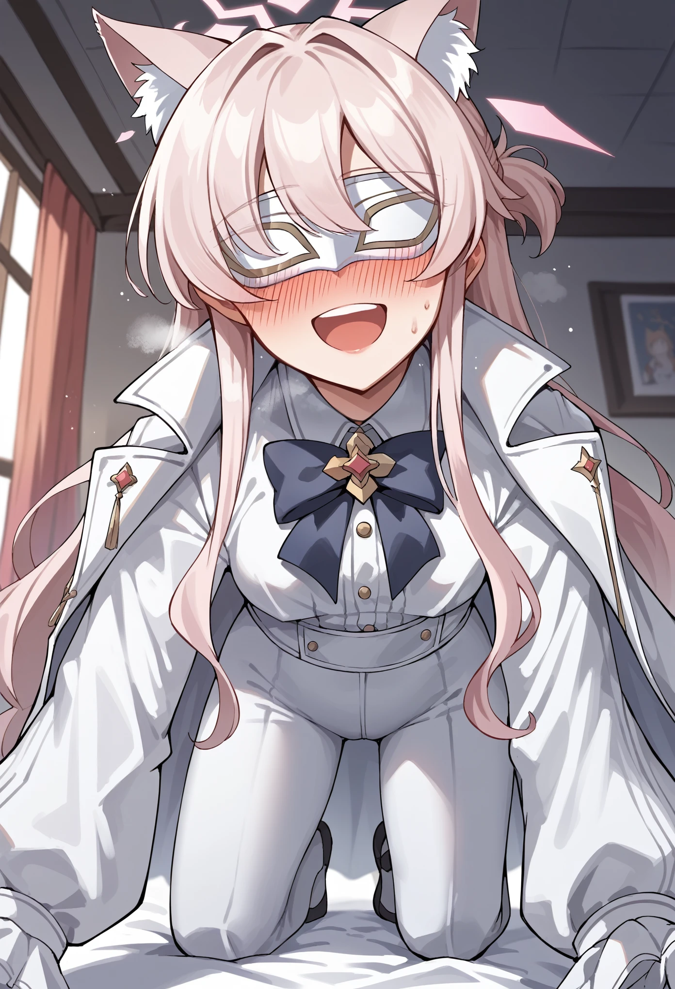 1girl, halo, long hair, Pink hair, eye mask, cat ears, cat tail, blouse, long sleeves, puffy sleeves, black bowtie, brooch, White pants, gloves, coat on shoulders, yandere, open mouth, upper teeth only, gangs, heavy breathing, blushing, smile, all fours, small breasts, bed, indoors, from below score_9, score_8_up, score_7_up, score_6_up, score_5_up, score_4_up, BREAK source_anime, masterpiece