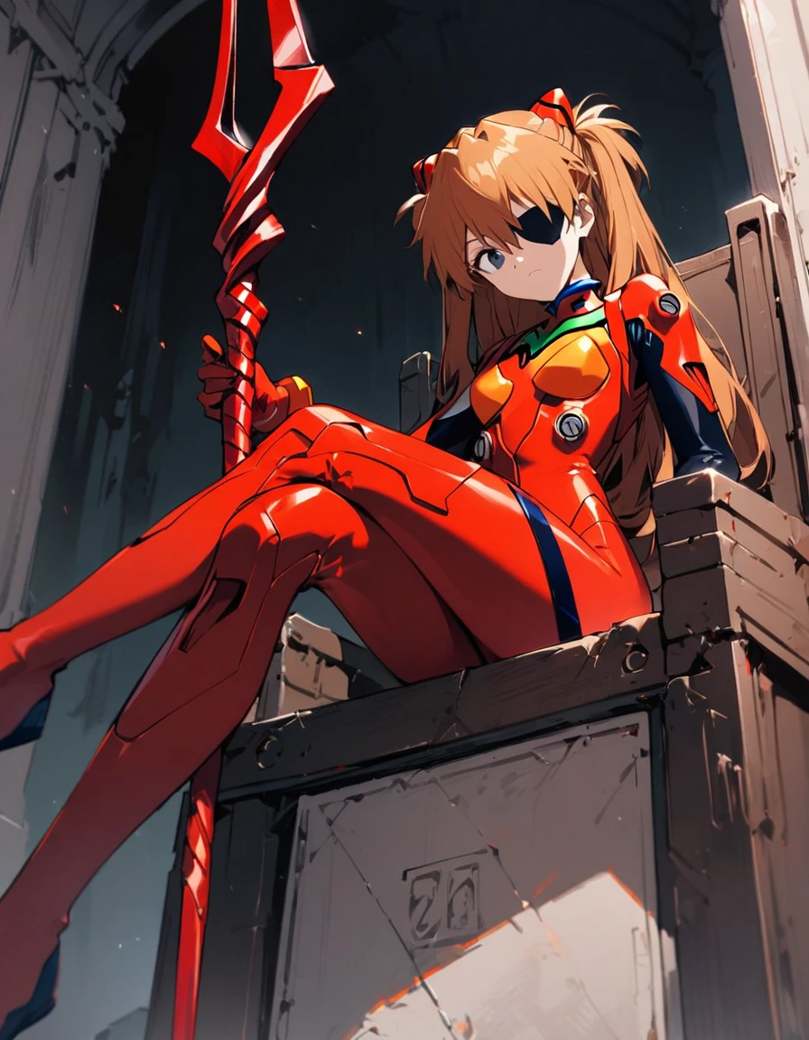 1girl, souryuu asuka langley, neon genesis evangelion, rebuild of evangelion, lance of longinus, cat hat, plugsuit, pilot suit, red bodysuit, sitting, crossed legs, black eye patch, throne, looking down, from bottom, looking at viewer, outdoors, masterpiece, best quality, very aesthetic, absurdres,Flat style