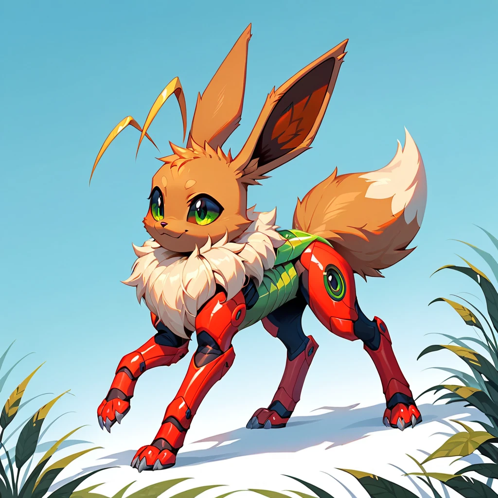 score_9, score_8_up, score_7_up, score_6_up, score_5_up, no humans, rating_safe, Eevee covered in a red exoskeleton with black bumps, beetle-like legs with grey claws, green insect multifaceted eyes, and long yellow antenna 
