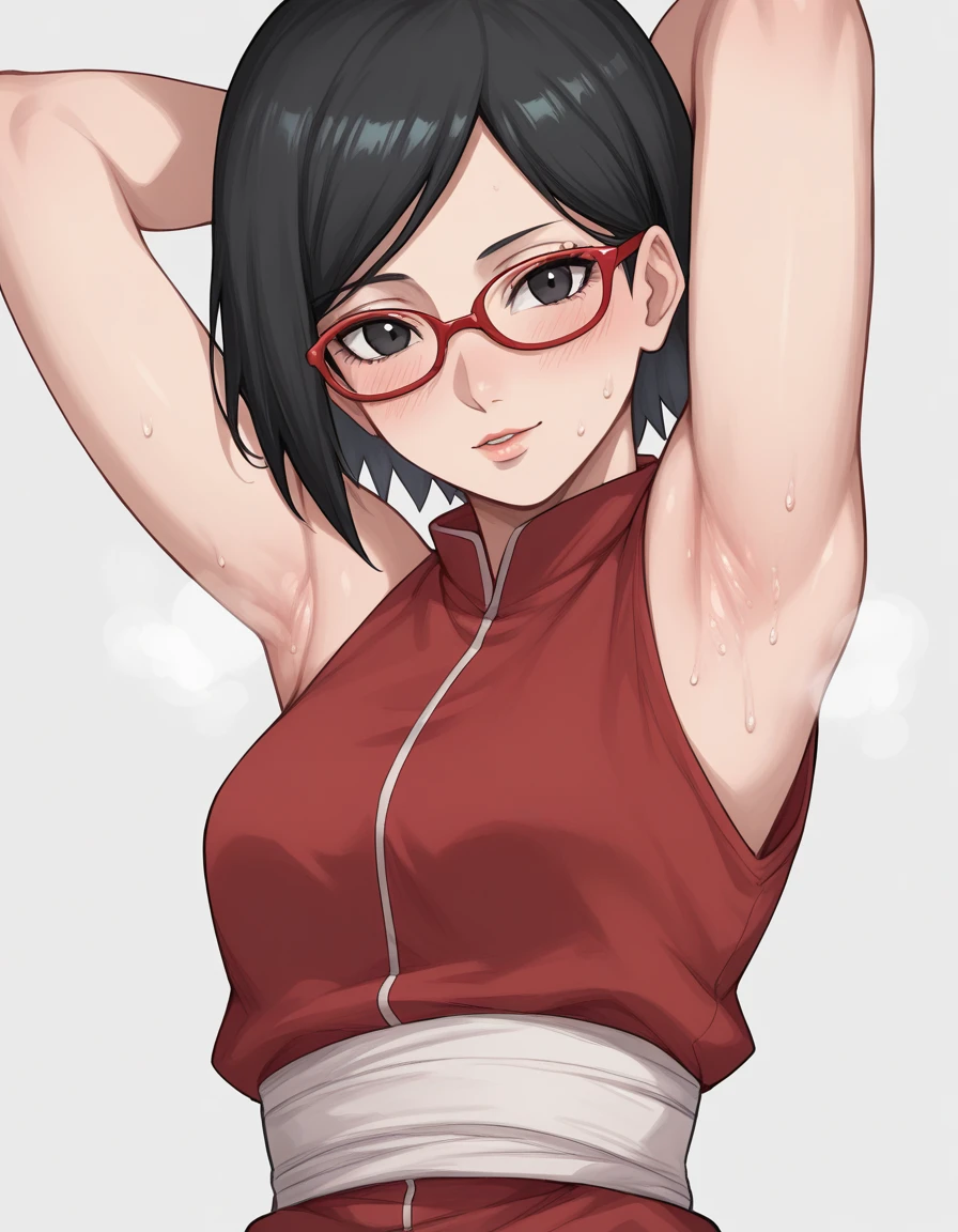 boruto,(sarada uchiha, short hair, black hair, black eyes, red-framed eyewear, glasses, swept bangs:1.1)(Armpit,脇の皺:1.3)，(steam，steamimg:1.1)，  red dress , is embarrassing