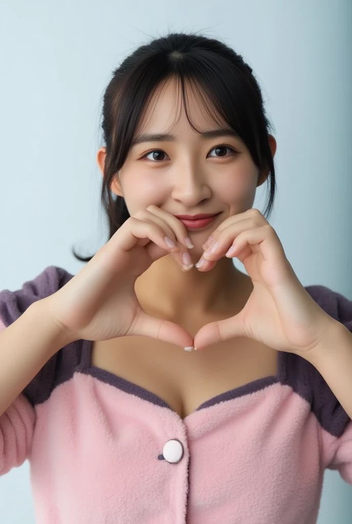 Only one woman with a cute smile wears cute, fluffy off-shoulder pajamas, makes a big heart shape with both hands, and poses them in front of her chest, View above collarbone、The background is a monotone 

