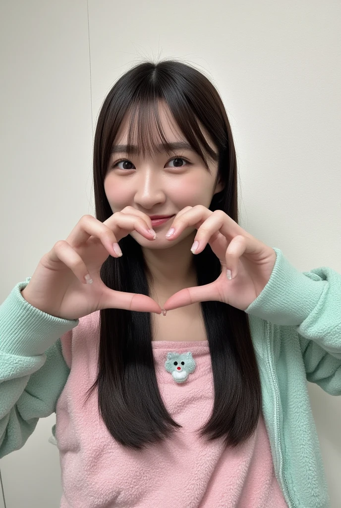 Only one woman with a cute smile wears cute, fluffy off-shoulder pajamas, makes a big heart shape with both hands, and poses them in front of her chest, View above collarbone、The background is a monotone 

