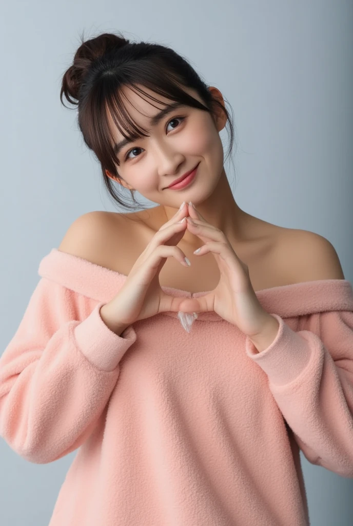 Only one woman with a cute smile wears cute, fluffy off-shoulder pajamas, makes a big heart shape with both hands, and poses them in front of her chest, View above collarbone、The background is a monotone 

