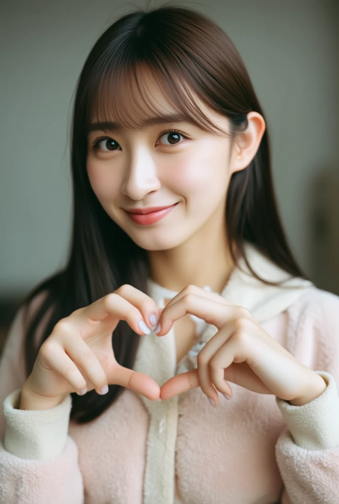 Only one woman with a cute smile wears cute, fluffy off-shoulder pajamas, makes a big heart shape with both hands, and poses them in front of her chest, View above collarbone、The background is a monotone 

