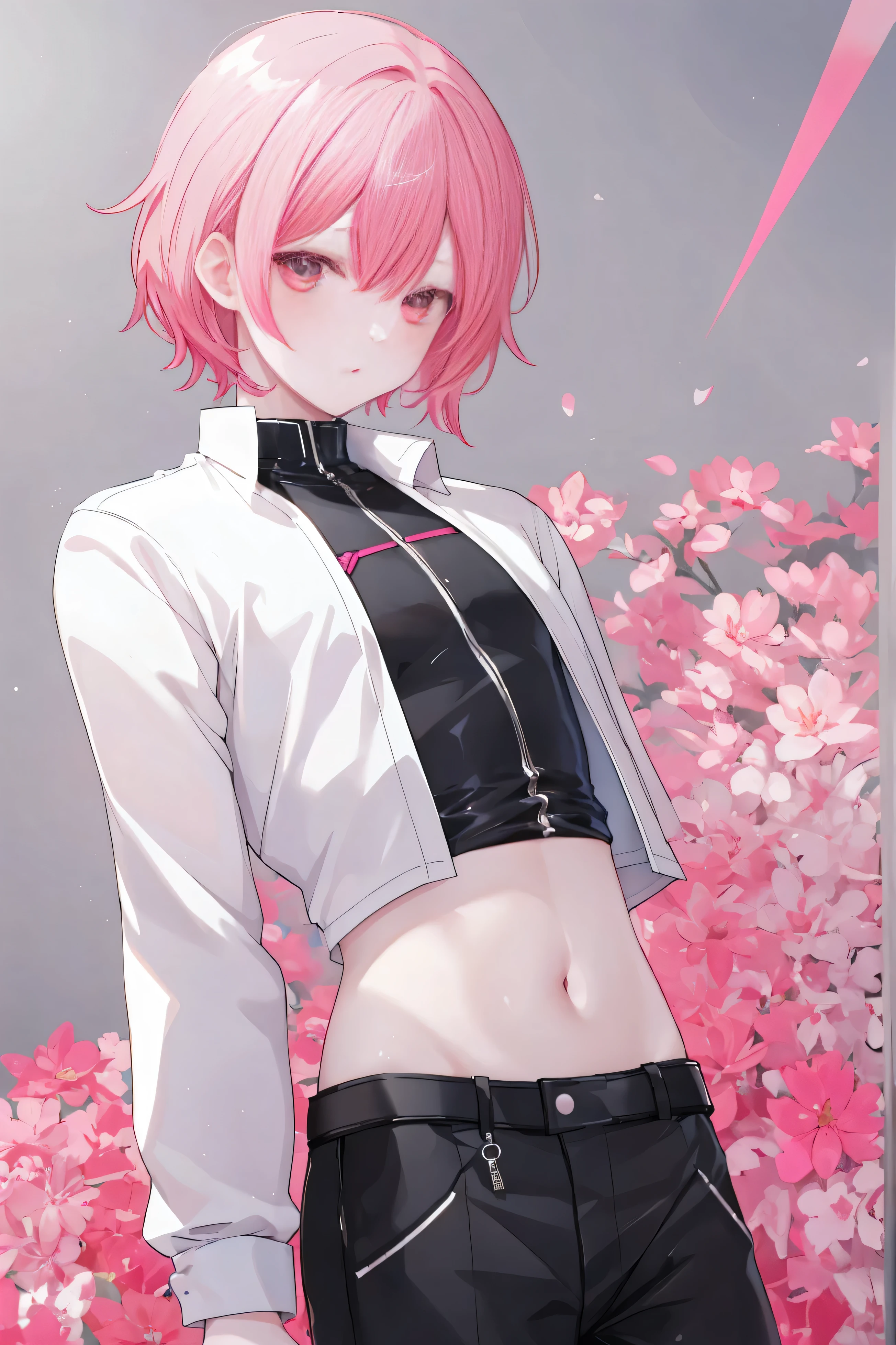 Belly button shirt, short hair, pink-red hair, 8k Octane, white skin, modern black armor, open belly, cute boy, height 165, Slim, fragile body, Black long-sleeved shirt