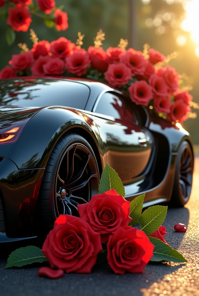 Bugatti black car for red roses, sunflowers 