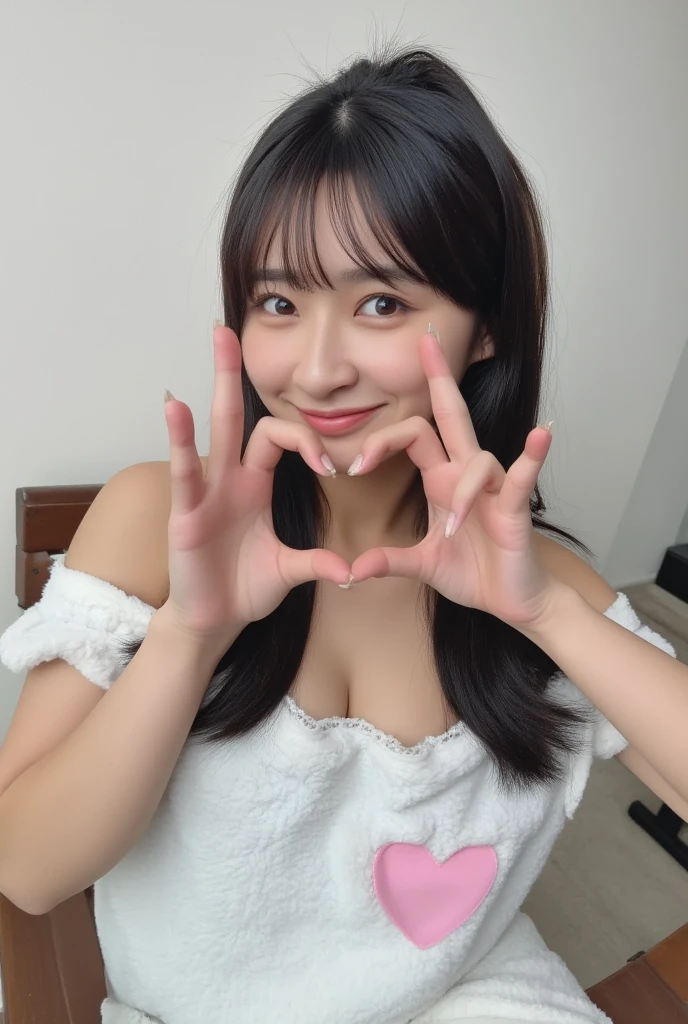 Only one woman with a cute smile wears cute, fluffy off-shoulder pajamas, makes a big heart shape with both hands, and poses them in front of her chest, View above collarbone、The background is a monotone 

