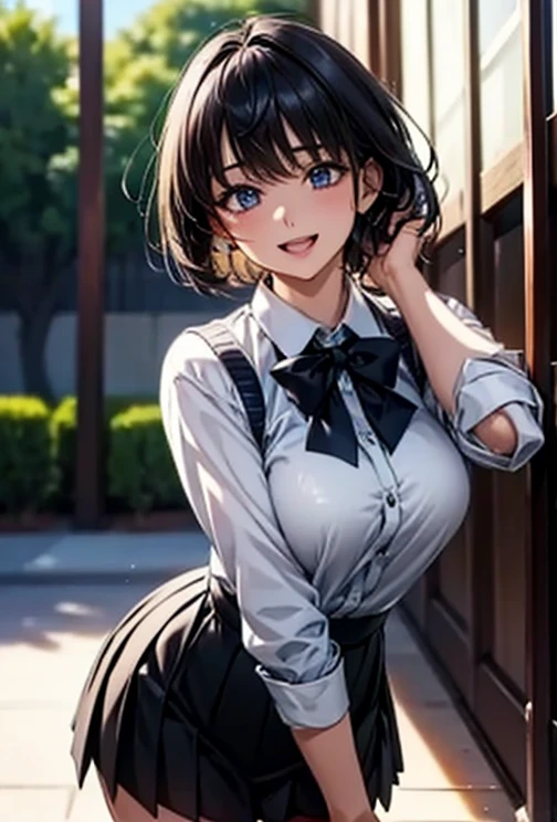 ((top-quality、8K、masterpiece:1.3))、女の子1人、In a town where many people walk、Slender Abs、sofas、hyperdetailed face、A detailed eye、二重まぶた、very Bigger breasts、large full breasts、Colossal tits、Neat and clean schoolgirl、short-hair、Straight bob hair、Shorthair with bangs、A smile、Schoolgirl Uniform、Female genitalia visible from skirt、An 18-year-old woman、Sheer white shirt、Unbutton and unfold the shirt、Exposing breasts、Navy blue ribbon at the collar、Dark blue pleated micro mini、Sexy、Peek at the viewer、Beautiful graphics、Bright school building with strong sunlight、Show me your whole body、Beautiful legs、fully body photo、is standing、No bra、The nipple is visible、No panties、No panties、Detailed female genital shapes、Black pantyhose、(Facing the front)(((Blushing cheeks、embarassed expression)),(((The skirt is rolled up by the wind)))、Showing female genitalia、、depth of fields、Bokeh in the background、lift one'skirt in the crowd、penetrate male genitals