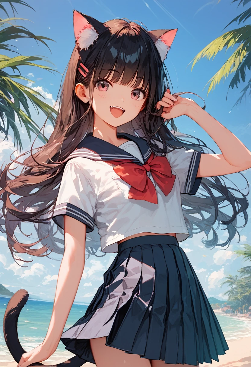 ((highest quality)), ((masterpiece)), (detailed), Perfect Face Tabletop ,highest quality,非常にdetailedな), 1. Cute and innocent girl,An innocent smile,serafuku,Blue Collar,Navy Pleated Skirt,From below,blue sky,White cloud,Summer sun,Fine and beautiful eyes,Sparkling eyes,Glossy Lips, Perfect Anatomy , Five perfect fingers,Charm,wonderful, Ultra-fine love of the times