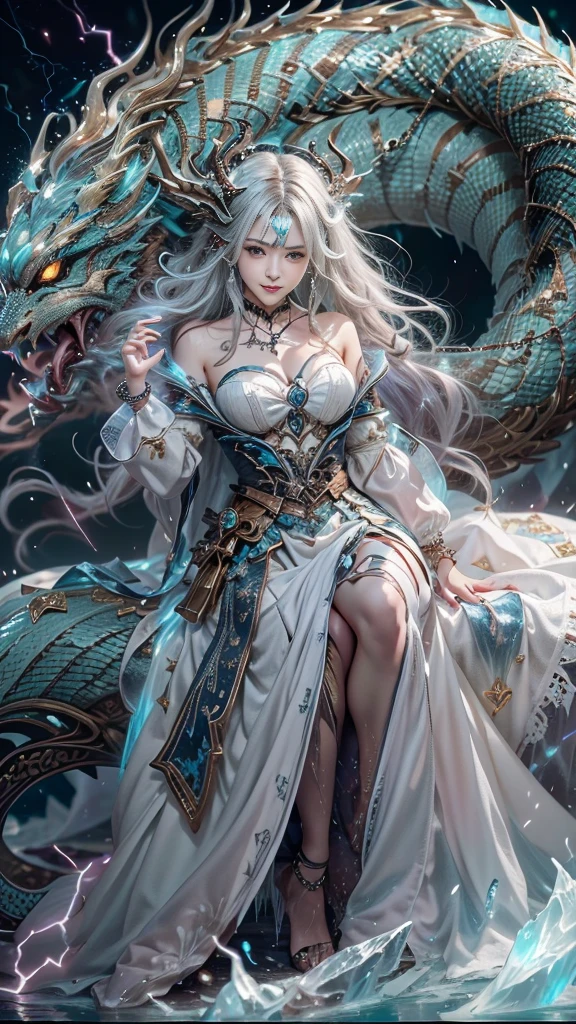 arafed image of a woman in a long dress with a dragon, an ultrafine detailed painting by Yang J, pixiv contest winner, fantasy art, loong, chinese dragon concept art, chengwei pan on artstation, chinese fantasy, trending on artstation pixiv, a beautiful fantasy empress, palace , a girl in hanfu --auto --s2