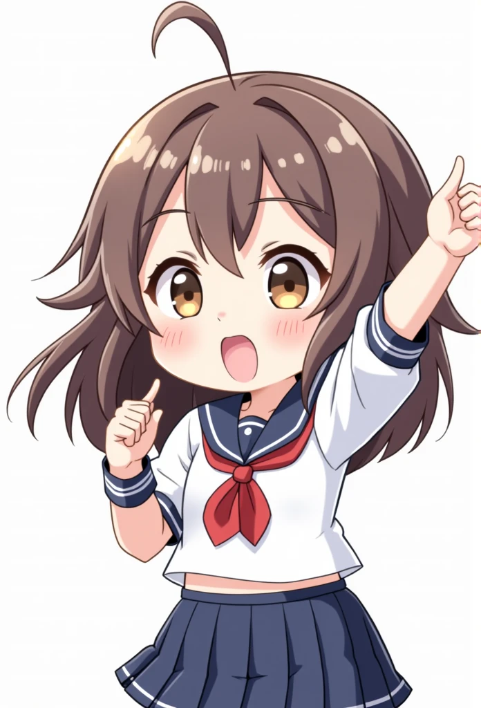 Chibi super cute girl in a sailor uniform costume . She is raining her arm and making a go go pose. Her mouth is open and shouting.