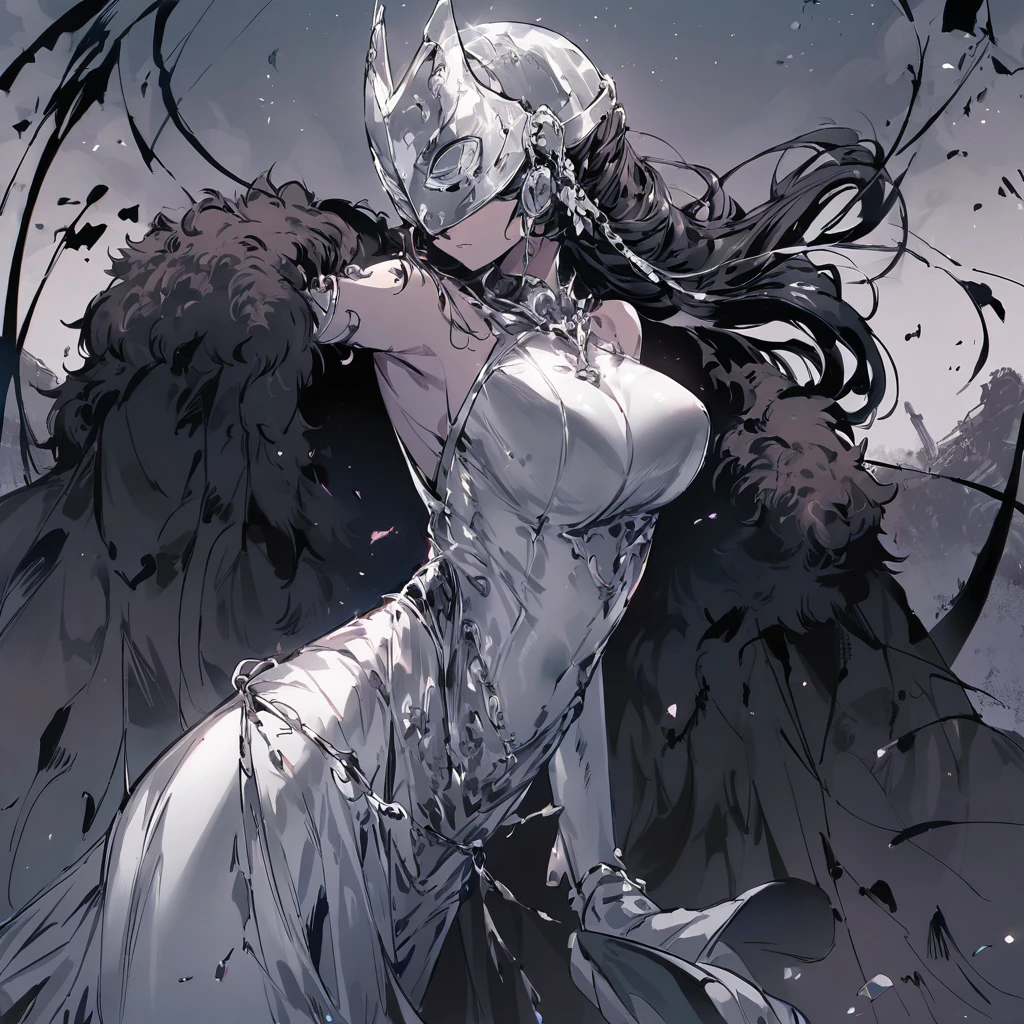 Create a villain with these characteristics: skin black, hair with braids in a white color, sculptural body, low-cut clothes