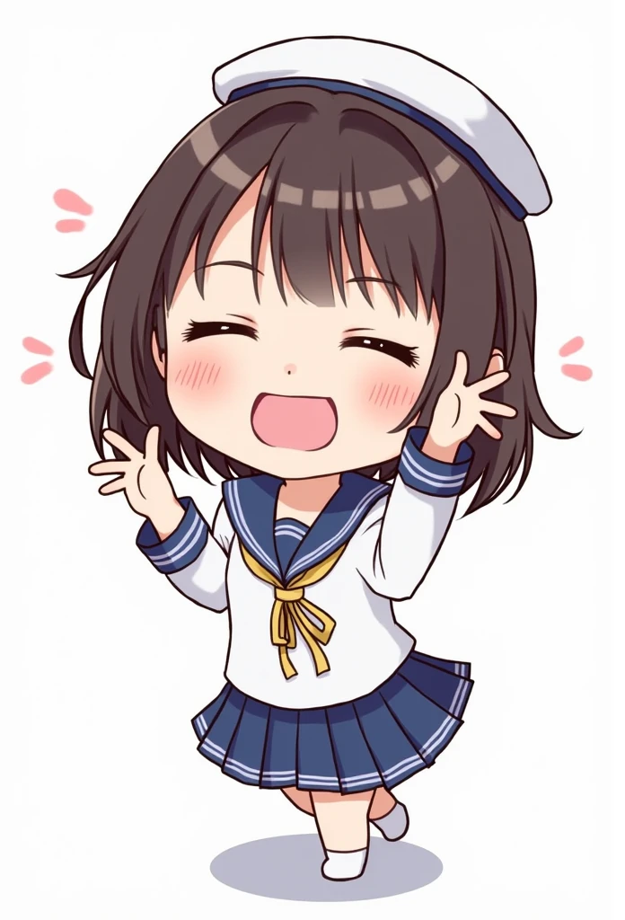 Chibi super cute girl in a sailor uniform costume . She is raining her arm and making a go go pose. Her mouth is open and shouting.