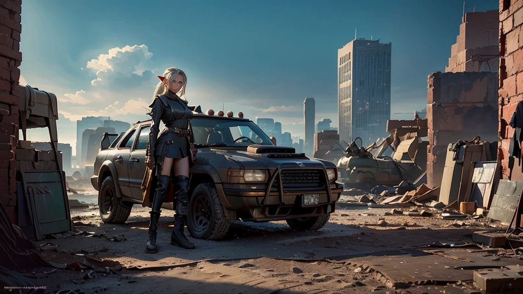 masterpiece, High Res,8K,(Portrait Photos:1.5),(R Original Photo),Reality,Digital Photography,(Apocalyptic ruins in the desert ),(Female Soldiers),20-year-old female elf,(Big , Accessories, close your mouth ,Elegant and charming,Serious and arrogant,Calm and handsome, a combination of cyberpunk and fantasy style costumes,Openwork carved reflective texture ，sentry， post-apocalyptic scene，Medium distance photography