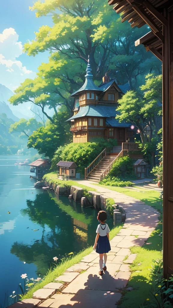  Studio Ghibli style animated film、 movie stills 、Best Quality、masterpiece、Representative works、 official art、 Professional 、Ultra-compact、8k、 girl２people、Mysterious Town、
camera from behind、　